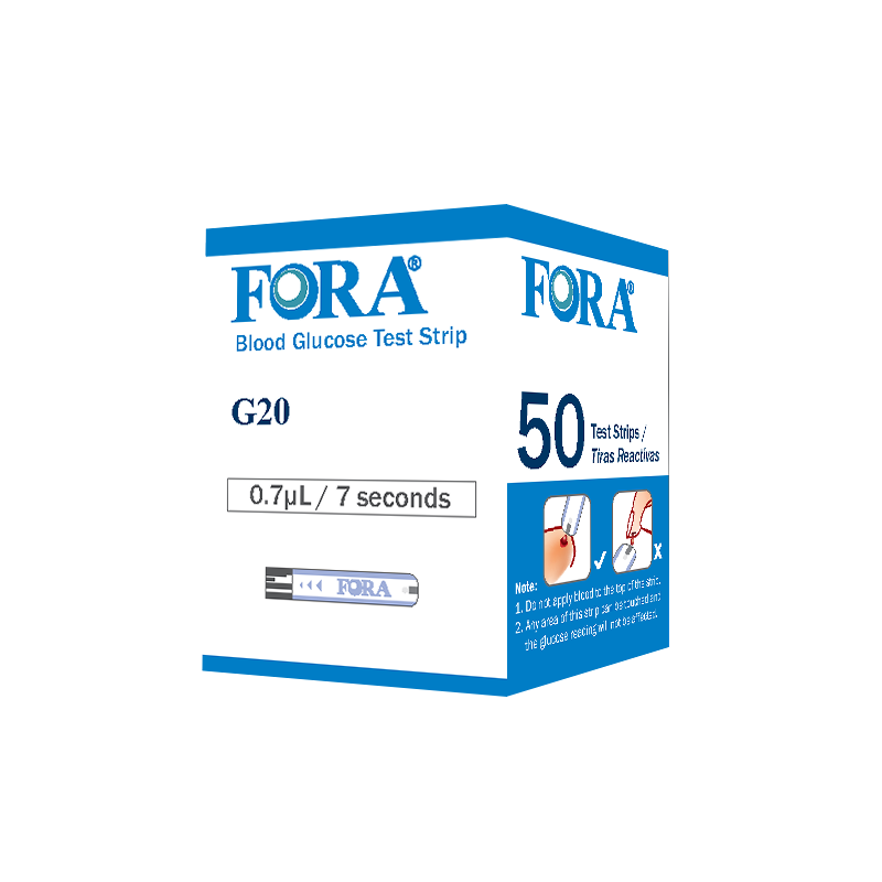 FORA G20 blood glucose test strips, 50 pcs pack, compatible with FORA G20, D30, and V20 meters, 0.7 µL blood sample, 7 seconds result