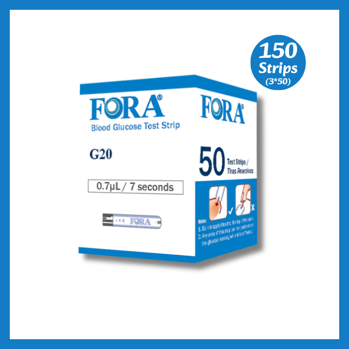 FORA G20 blood glucose test strips, 150 strips (3 packs of 50), compatible with FORA G20, D30, and V20 meters, 0.7 µL blood sample, 7 seconds result
