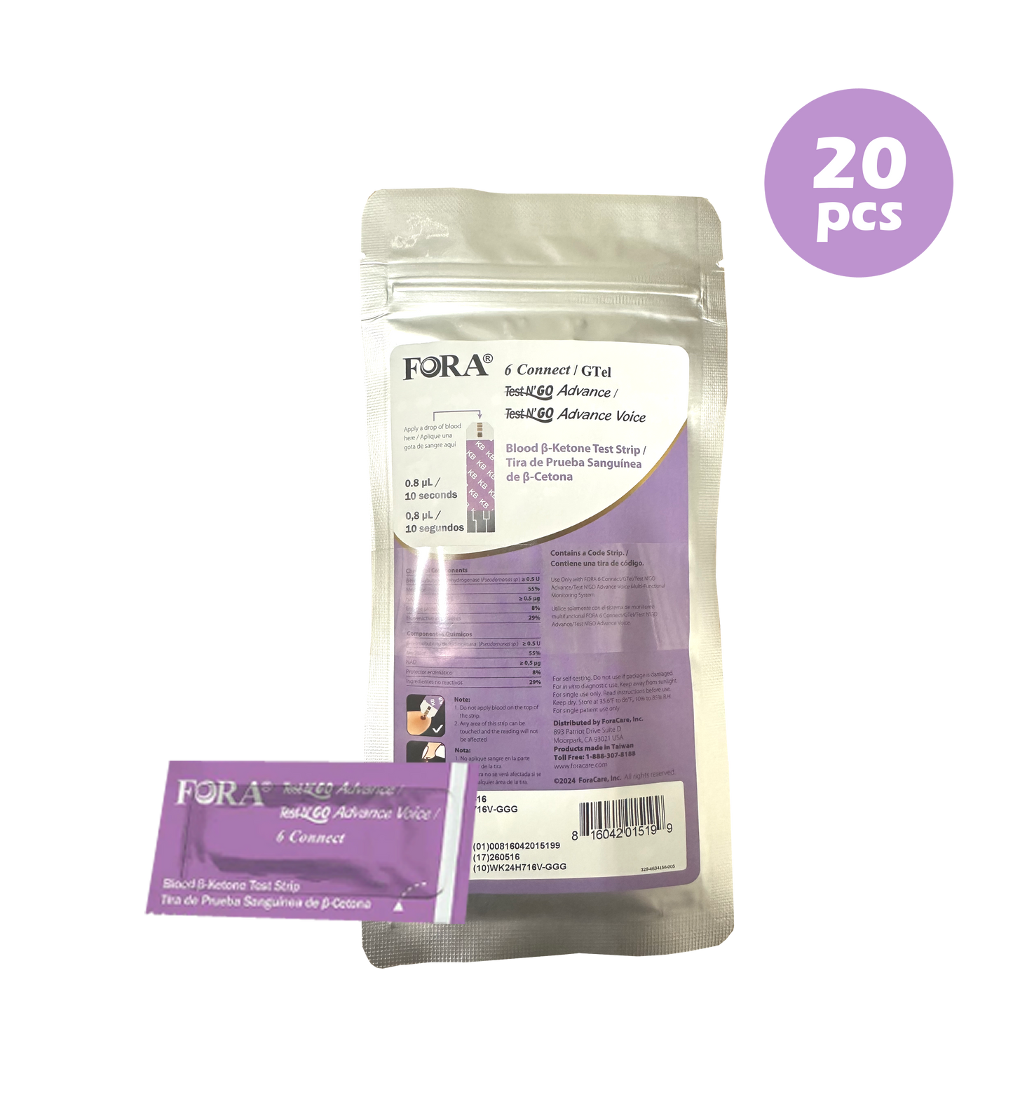 FORA Ketone Test Strips (20 ct) – Compatible with 6Connect & Test N'Go Advance Meters