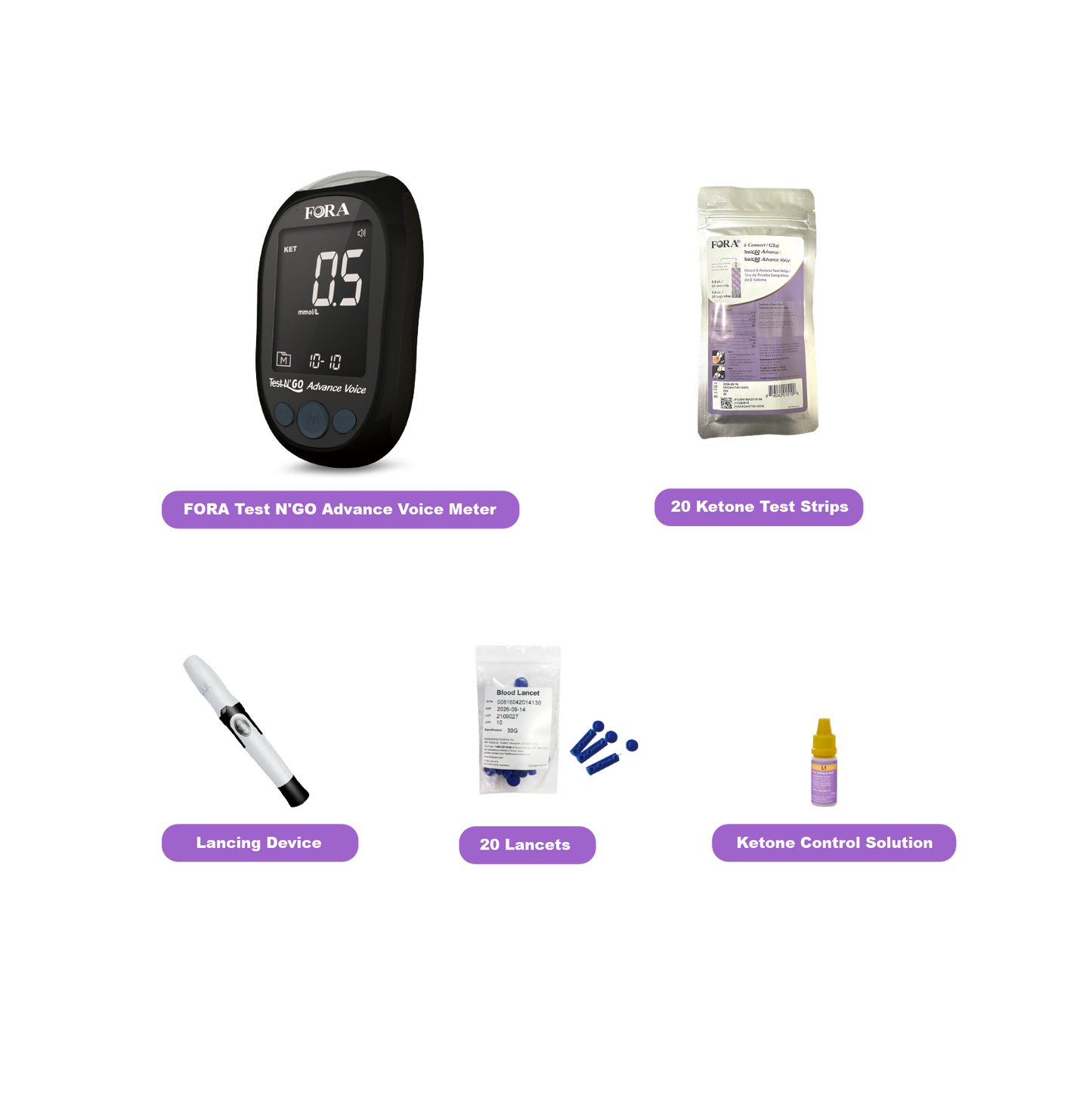 FORA Test N'Go Advance Voice Blood Ketone Testing Kit (20 Strips, 20 Lancets) 【Next-Gen】Beginner-Friendly, New Packaging!
