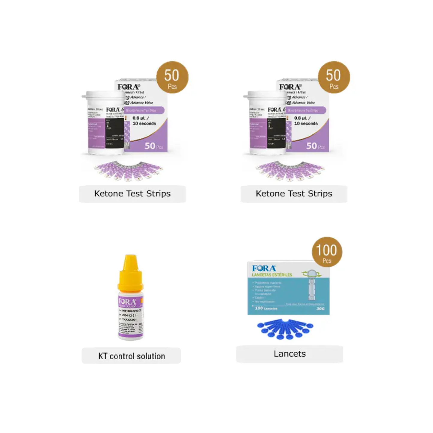 FORA Ketone Pro Refill Pack (100 Test Strips, 100 Lancets, Control Solution)