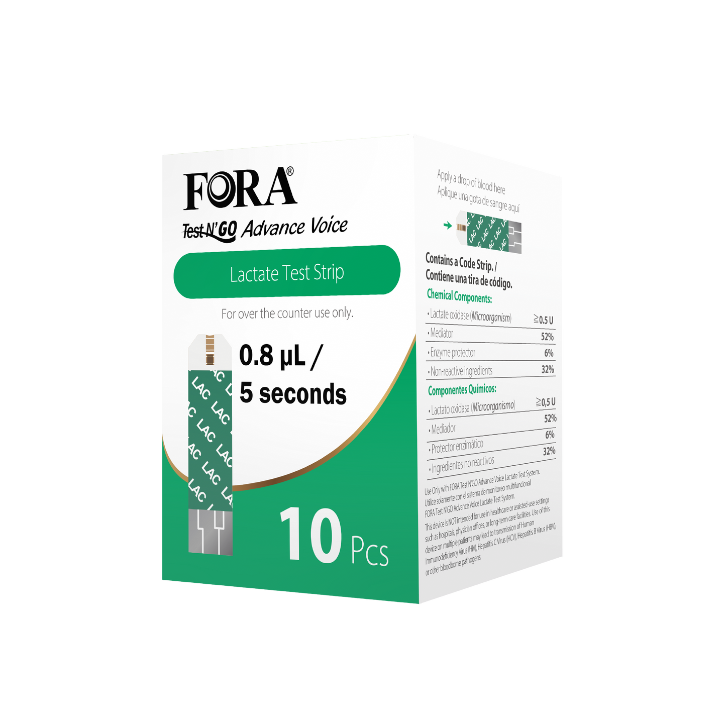 FORA Blood Lactate Test Strips (10 ct/Box) – Compatible with Test N'Go Advance Voice Meter