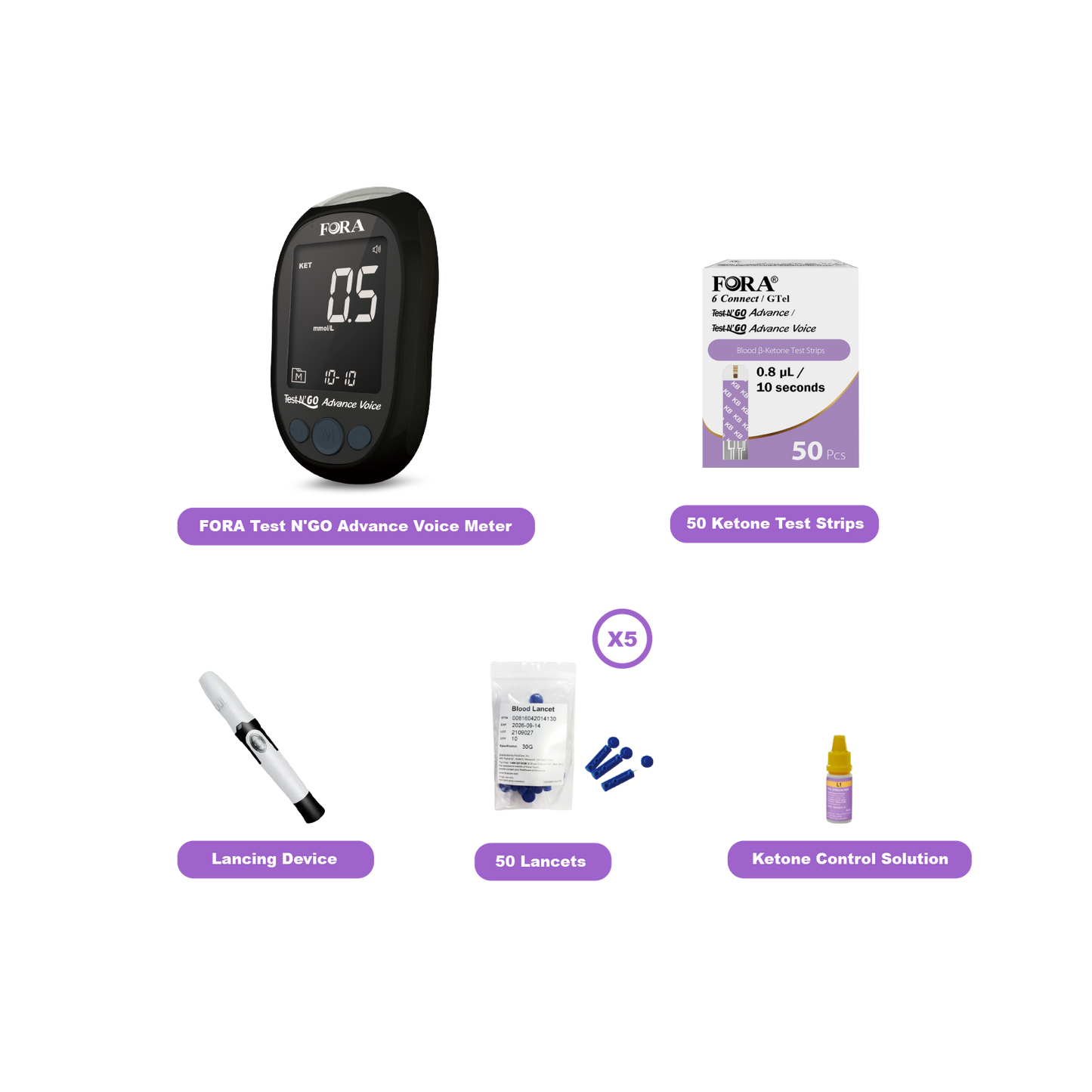 FORA Test N'Go Advance Voice Blood Ketone Testing Kit (50 Strips, 50 Lancets) 【Next-Gen】