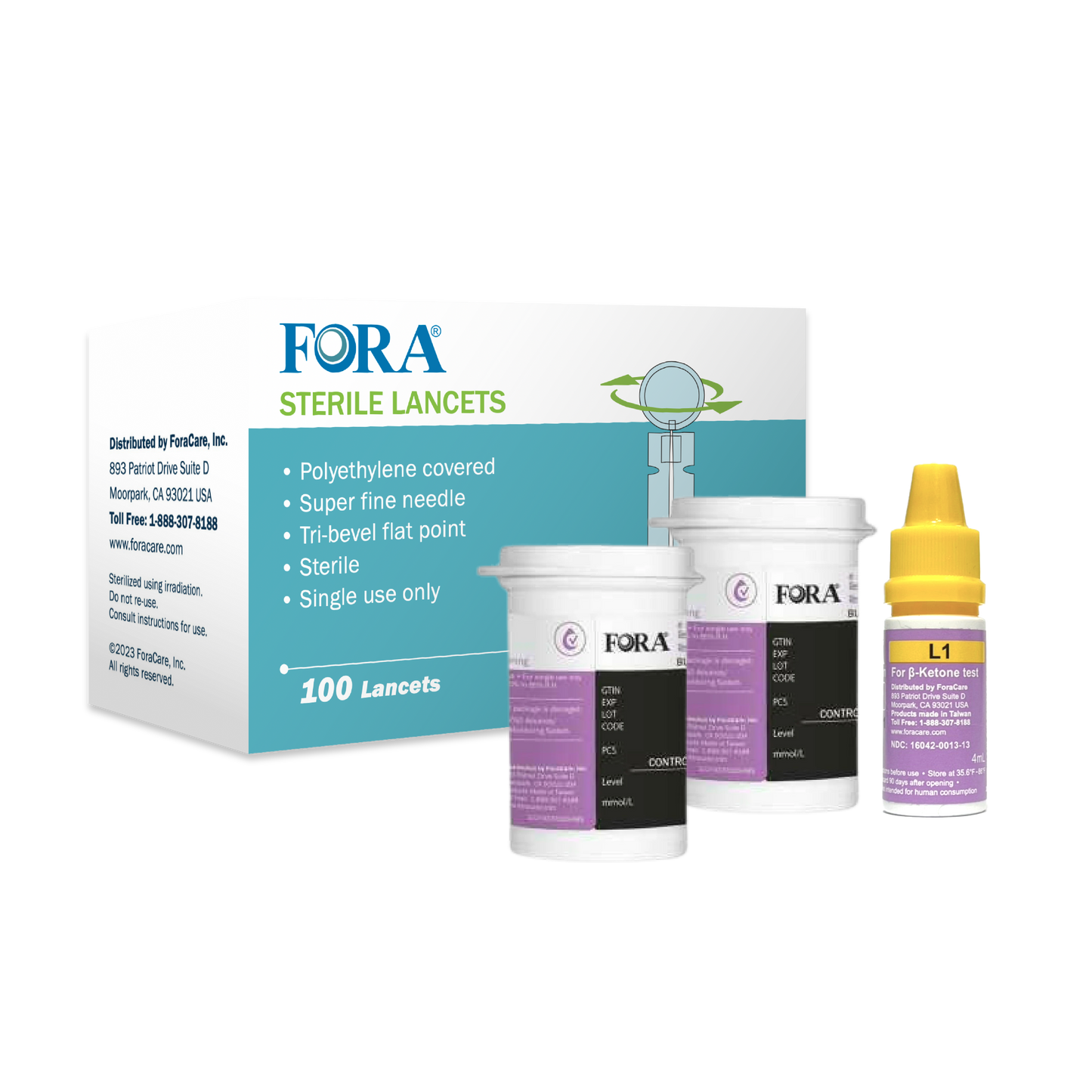 FORA Ketone Pro Refill Pack: 100 Strips (50 per Box, 2 Boxes), 100 Lancets, and Control Solution