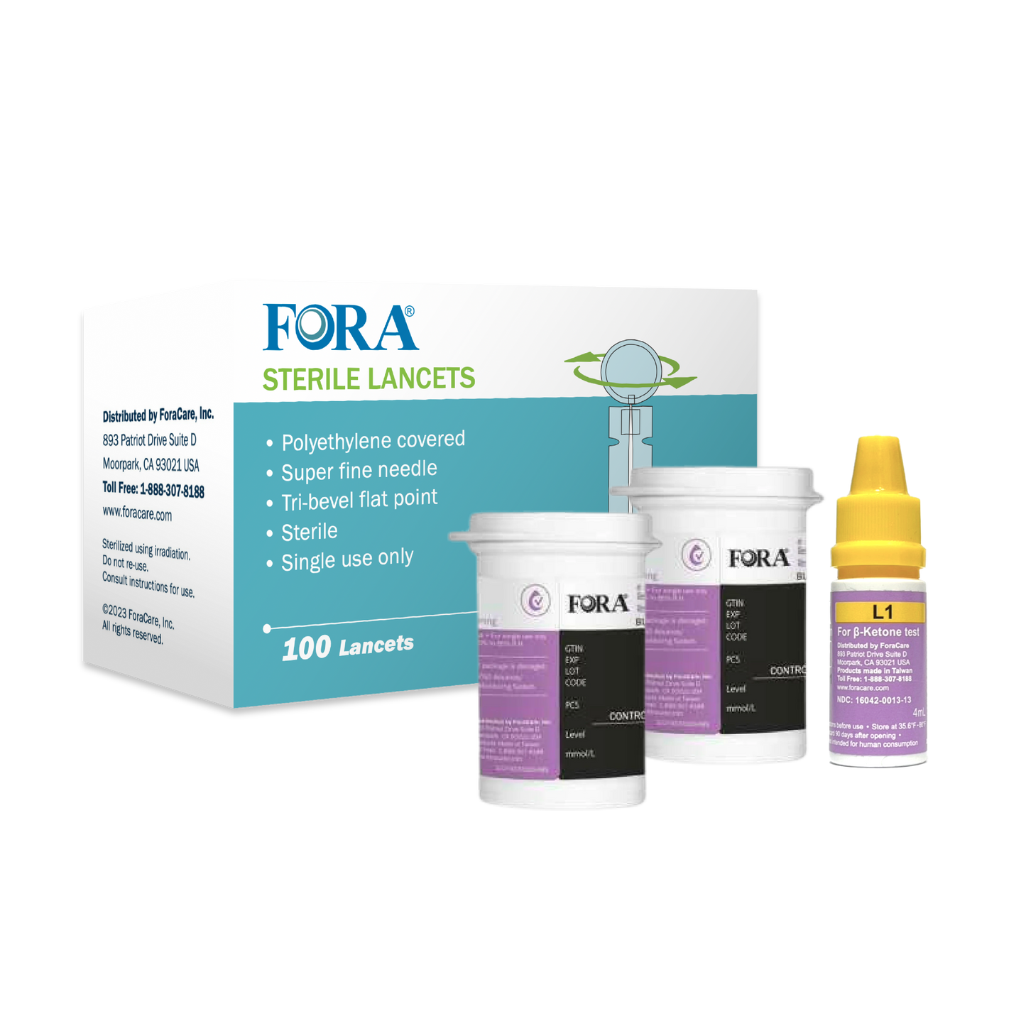 FORA Ketone Pro Refill Pack (100 Test Strips, 100 Lancets, Control Solution)