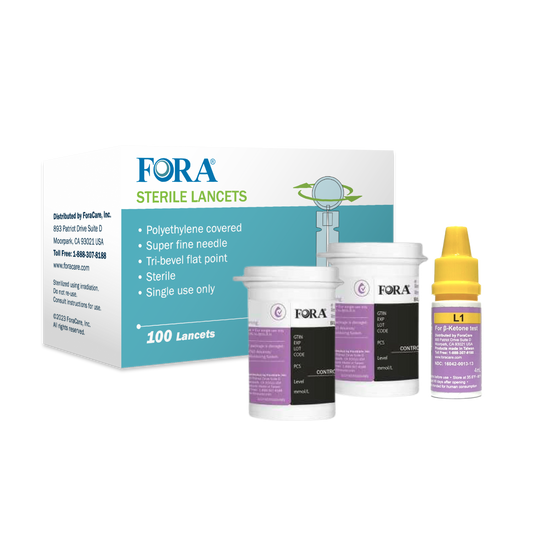 FORA Ketone Pro Refill Pack: 100 Strips (50 per Box, 2 Boxes), 100 Lancets, and Control Solution