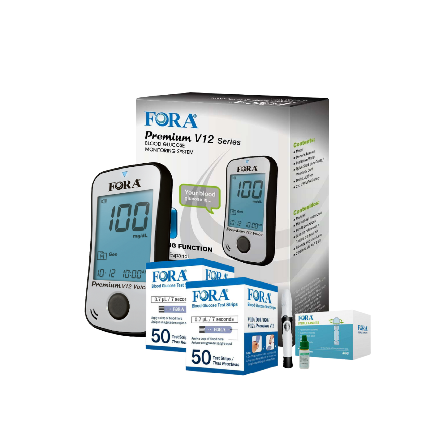 【Limited Time Offer】FORA Premium V12 Voice Blood Glucose Testing Kit (100 Strips, 100 Lancets, 1 Meter, 1 Lancing, 1 Control Solution) – Exp. 06/13/2025
