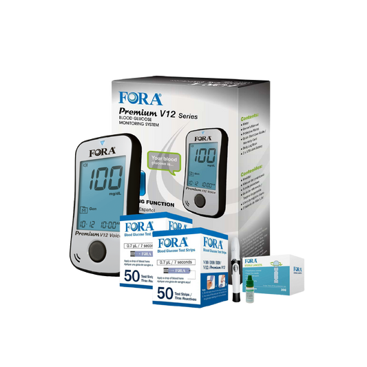 【Limited Time Offer】FORA Premium V12 Voice Blood Glucose Testing Kit (100 Strips, 100 Lancets, 1 Meter, 1 Lancing, 1 Control Solution) – Exp. 06/13/2025