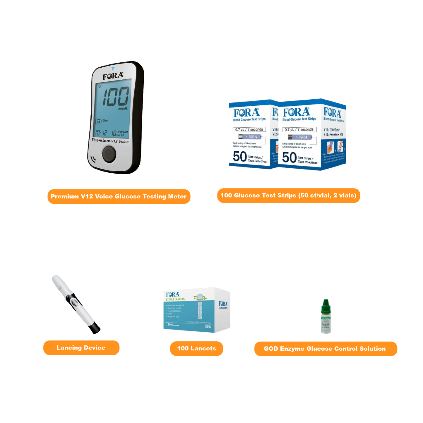 【Limited Time Offer】FORA Premium V12 Voice Blood Glucose Testing Kit (100 Strips, 100 Lancets, 1 Meter, 1 Lancing, 1 Control Solution) – Exp. 06/13/2025