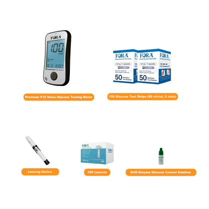 【Limited Time Offer】FORA Premium V12 Voice Blood Glucose Testing Kit (100 Strips, 100 Lancets, 1 Meter, 1 Lancing, 1 Control Solution) – Exp. 06/13/2025