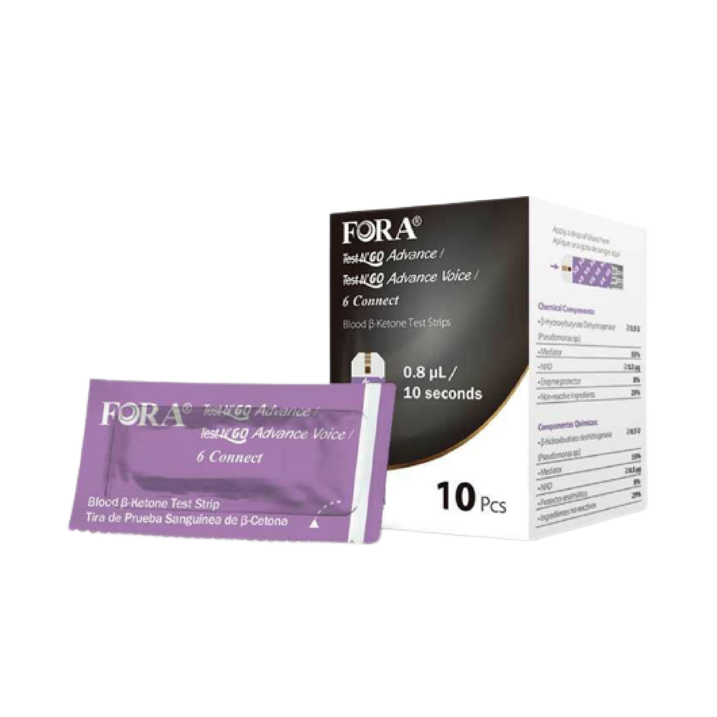 FORA 10-pcs Ketone Test Strips for 6Connect and Test N'Go Advance Voice Meters