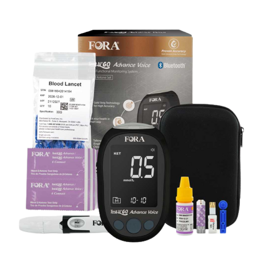 (2023 New!) FORA Test N'GO Advance Voice Blood Ketone Testing Kit-10 KETONE Strips(10pcs/box)+10 Lancets