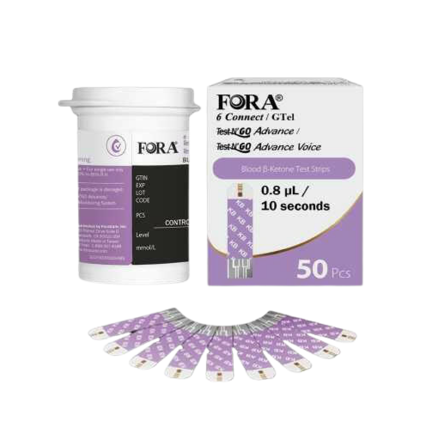 FORA Ketone Test Strips (50 ct) – Compatible with 6Connect & Test N'Go Advance Meters