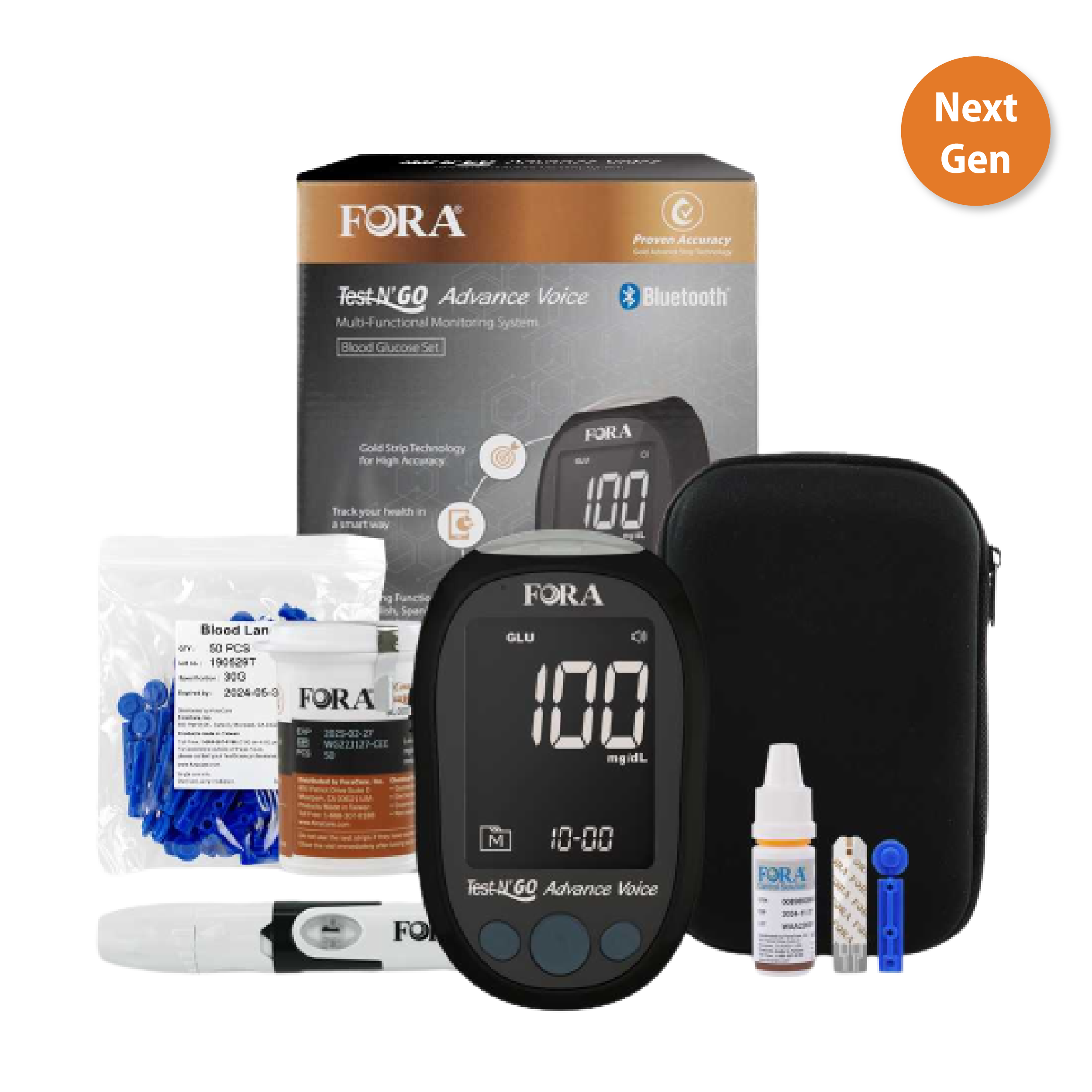 【Next-Gen】FORA Test N'GO Advance Voice｜Blood Glucose Testing Kit (50 Glucose Strips, 50 Lancets)