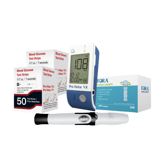 FORA Pro Voice V8 Talking Blood Glucose Testing Kit (100 Strips, 100 Lancets)
