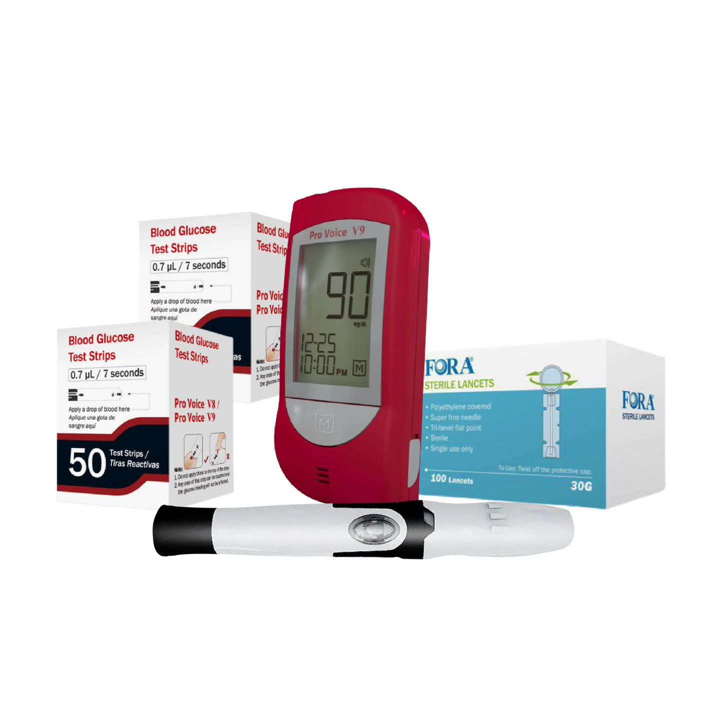 FORA Pro Voice V9 Talking Glucose Testing Kit-100 Glucose (2x50), 100 lancets