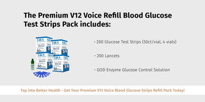 Premium V12 Voice Refill Blood Glucose Test Strips Pack (50ct/vial, 4 vials, total 200 strips)