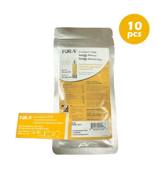 FORA Blood Total Cholesterol Test Strips (10 ct/Bag) – Compatible with Test N'Go Advance & 6Connect Meters