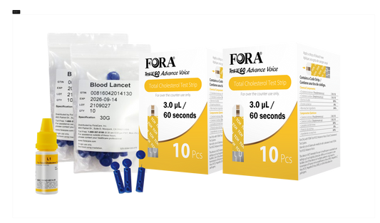 FORA Test N’GO Advance Voice Total Cholesterol Essentials Pack (20 Test Strips, Control Solution, 20 Lancets)