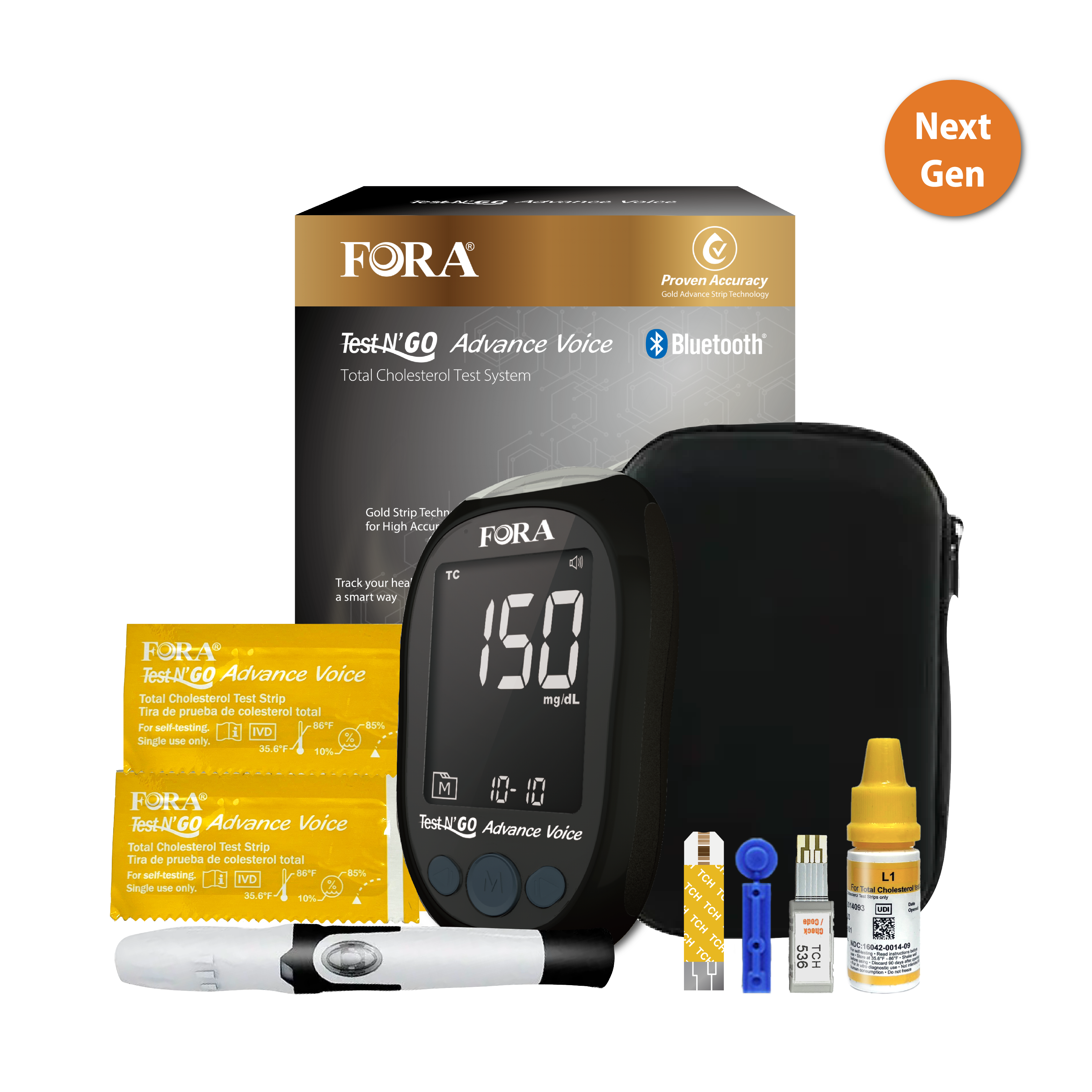 【Next-Gen】 FORA Test N'Go Advance Voice｜Total Cholesterol Testing Kit (10 Total Cholesterol Strips, 10 Lancets)