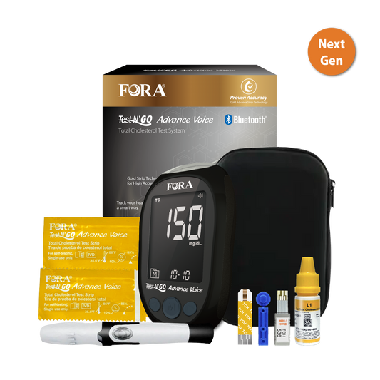 FORA Test N'Go Advance Voice Total Cholesterol Testing Kit (10 Strips, 10 Lancets) 【Next-Gen】