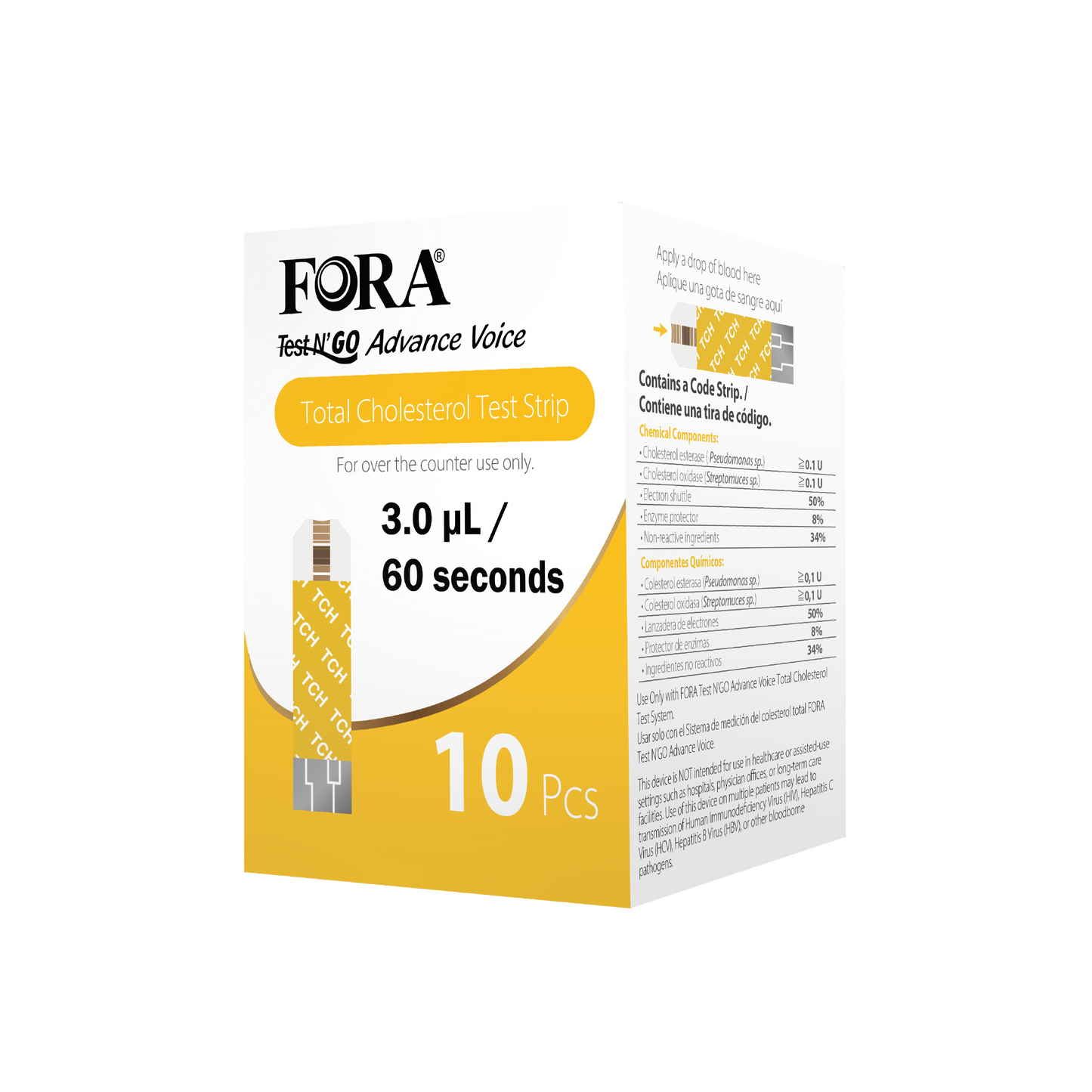 FORA Blood Total Cholesterol Test Strips (10 ct/Box) – Compatible with Test N'Go Advance Meters