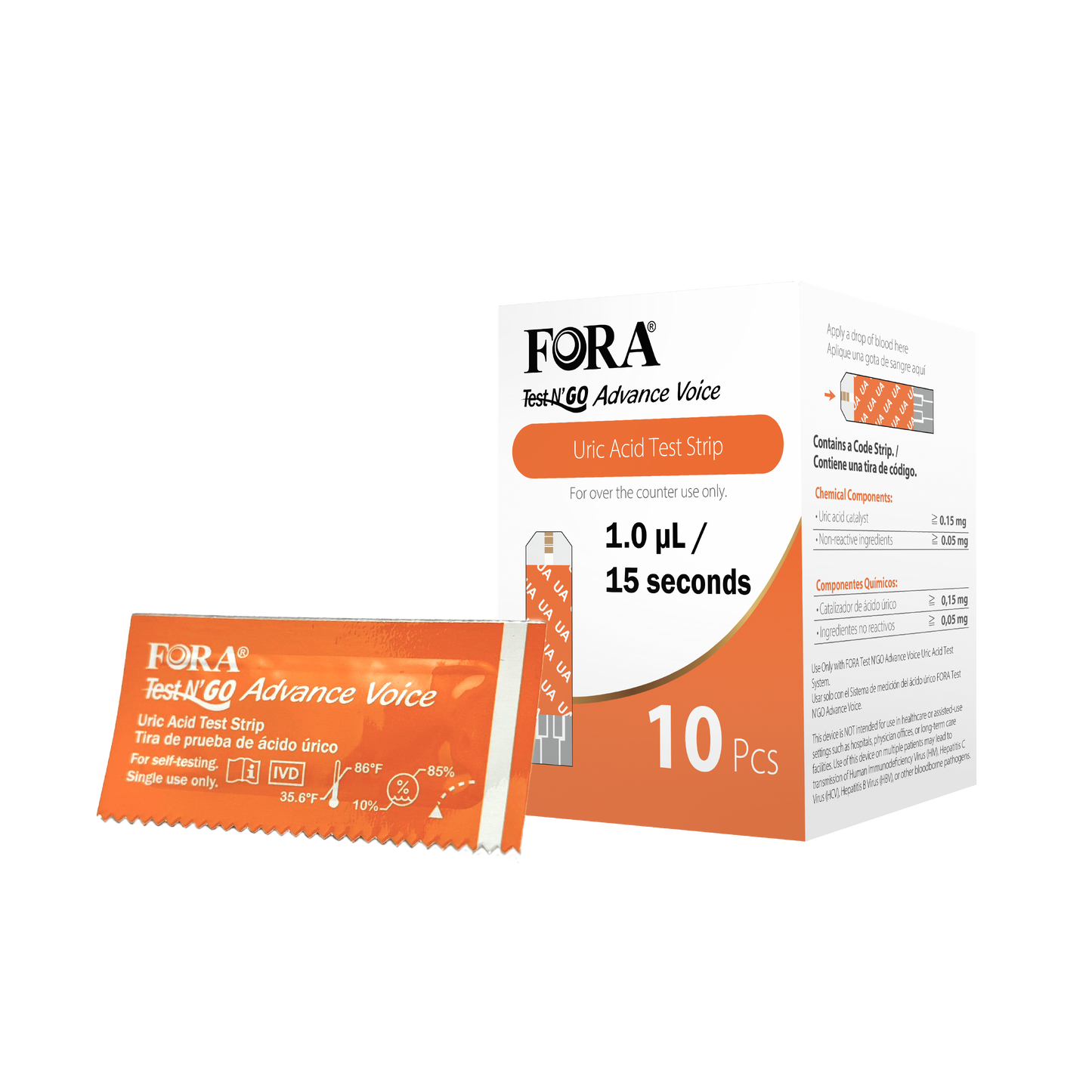 FORA Blood Uric Acid Test Strips (10pcs/box, Compatible with FORA Test N'Go Advance Voice Meter)