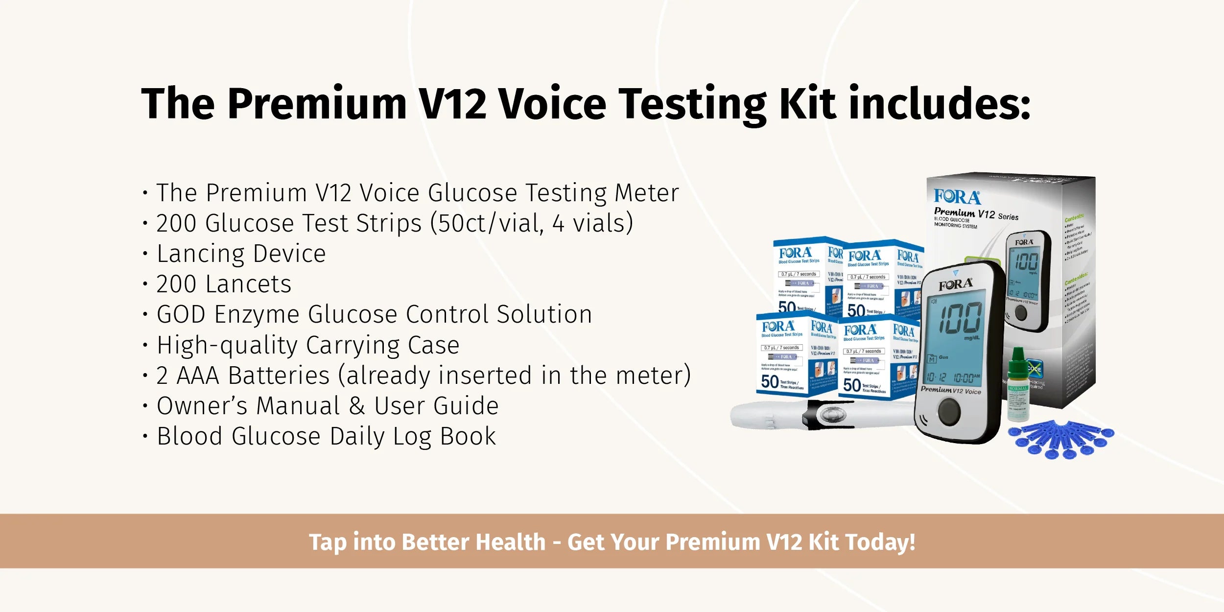 FORA Premium V12 Voice Blood Glucose Testing Kit (200 Strips+200 Lancets)