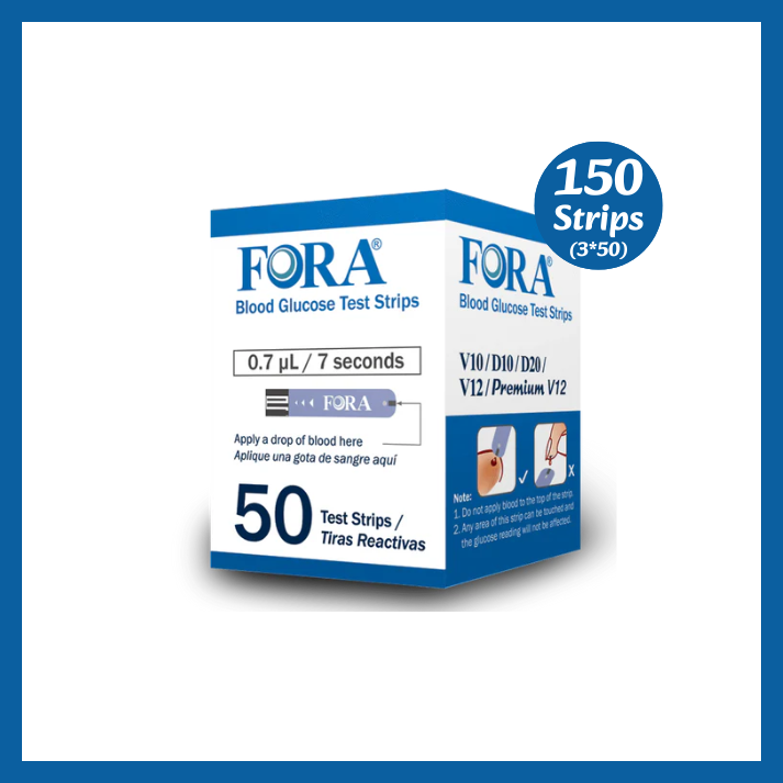 FORA blood glucose test strips, 150 count (3 packs of 50), compatible with V10, V12, D10, D20, and Premium V12 meters