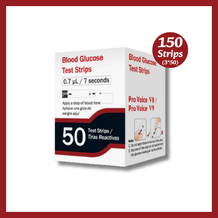 FORA Blood Glucose Test Strips, 150-count (3 packs of 50) refill for Pro Voice V8 and V9 meters, 0.7 µL sample size, 7-second test time, bilingual English/Spanish instructions, box packaging with usage diagram.