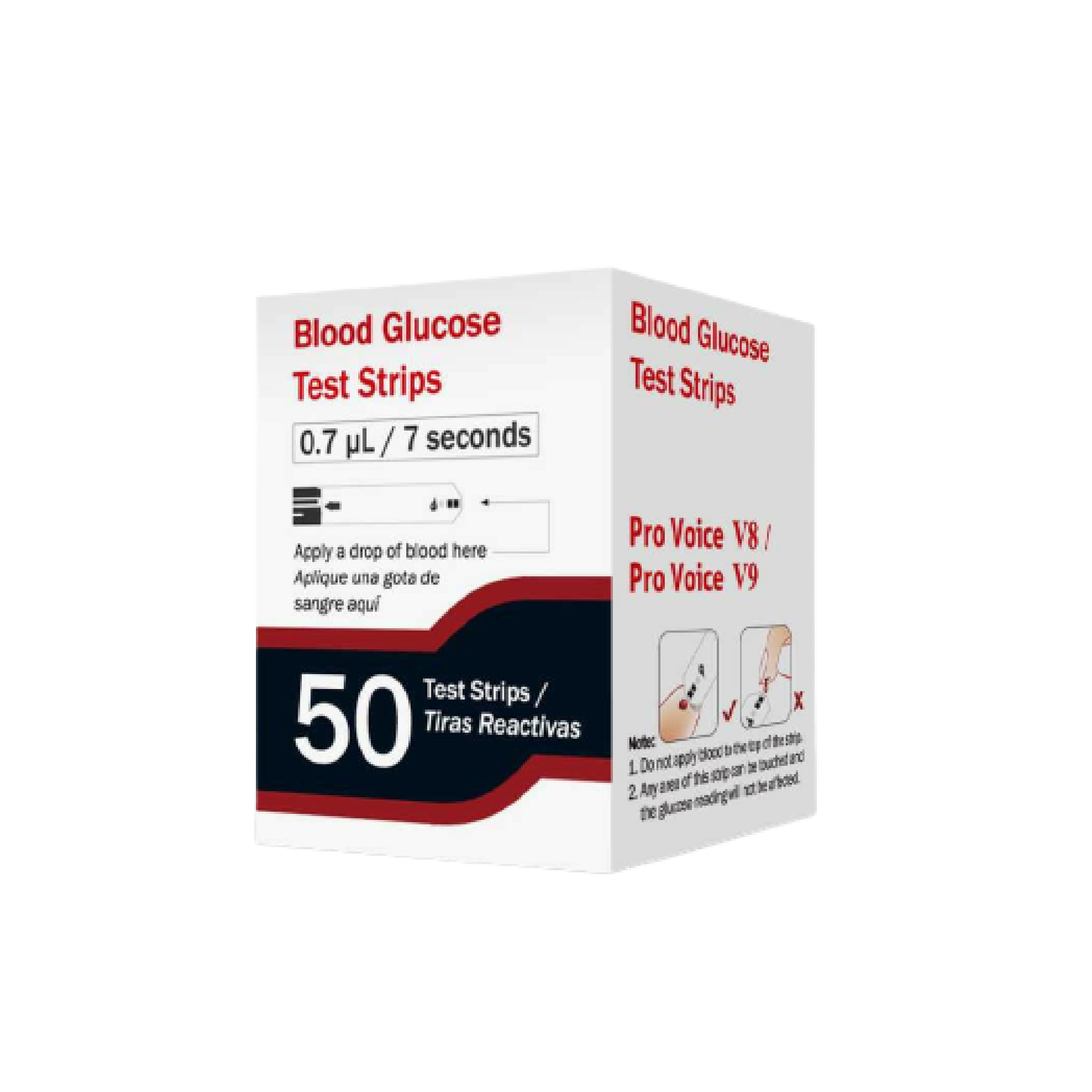 FORA Blood Glucose Test Strips, 50-count refill pack for Pro Voice V8 and V9 meters, 0.7 µL sample size, 7-second test time, bilingual English/Spanish instructions