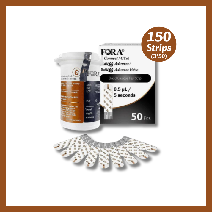 150 strips FORA Test N'GO Advance and Advance Voice blood glucose test strips, 0.5µL sample size, 5-second test time