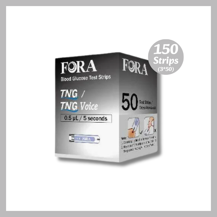 Retail box of FORA TNG and TNG Voice blood glucose test strips, 0.5µL sample size, 5-second test time, 150 strips (3 boxes of 50)
