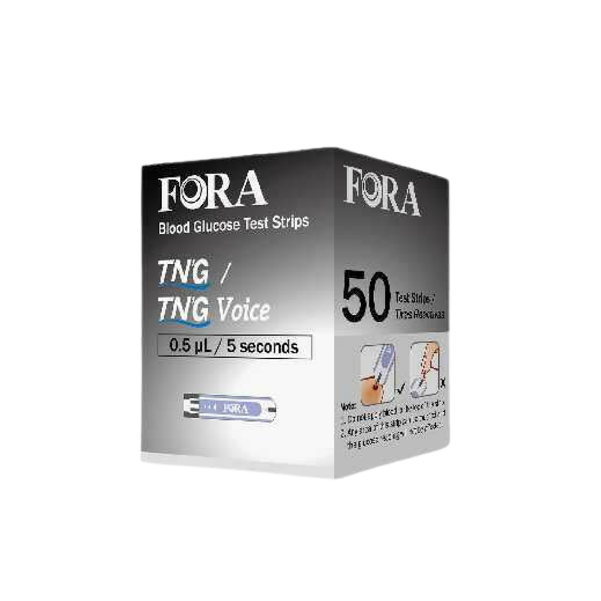 Retail box of FORA TNG and TNG Voice blood glucose test strips, 0.5µL sample size, 5-second test time, 50 strips