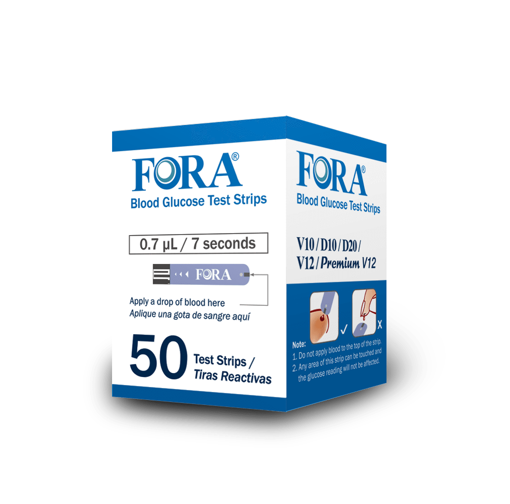 FORA blood glucose test strips compatible with V10, V12, D10, D20, and Premium V12 meters