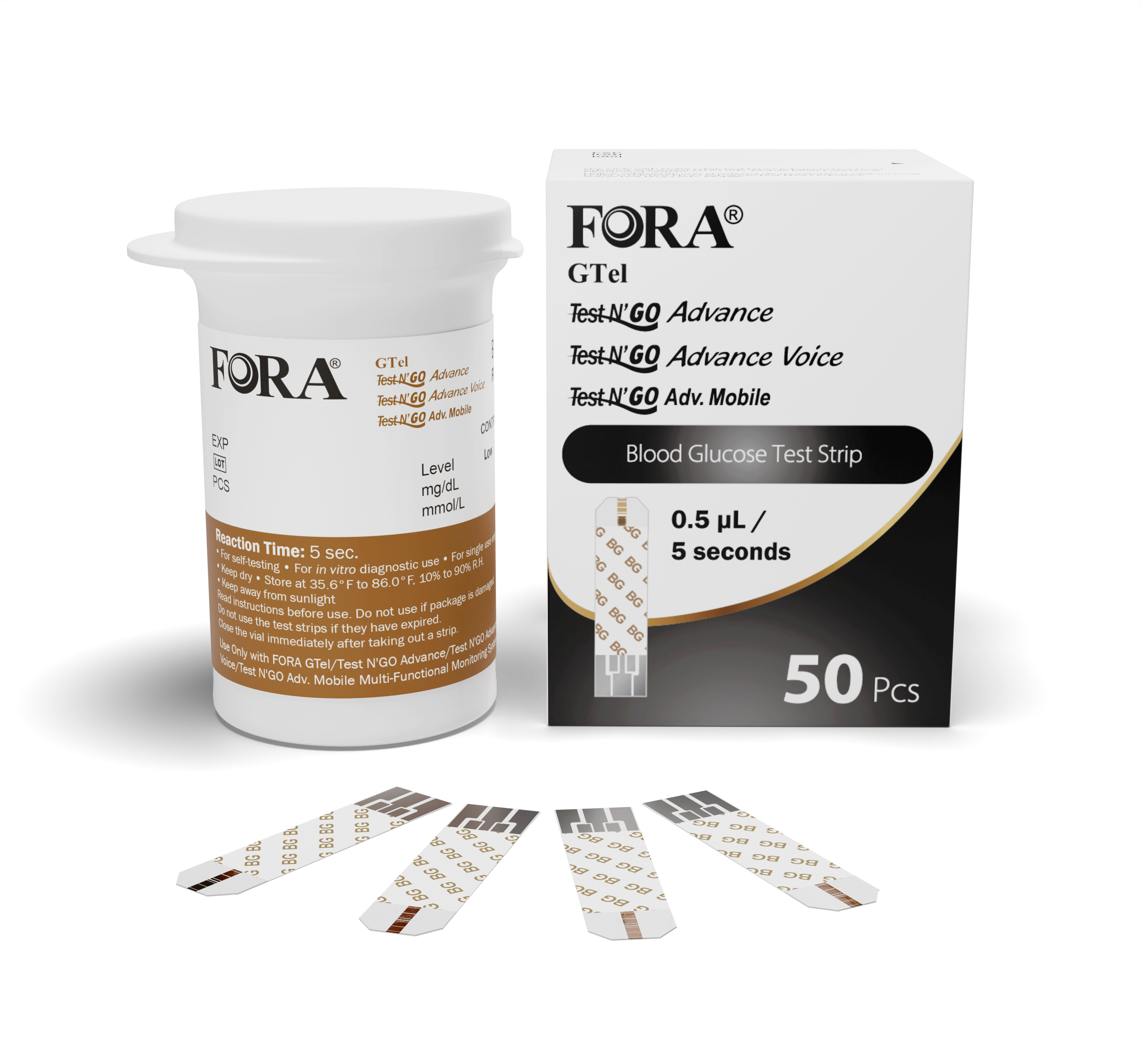 Retail box and vial of FORA GTel Test N'GO Advance and Advance Voice blood glucose test strips, 0.5µL sample size, 5-second test time, 50 strips