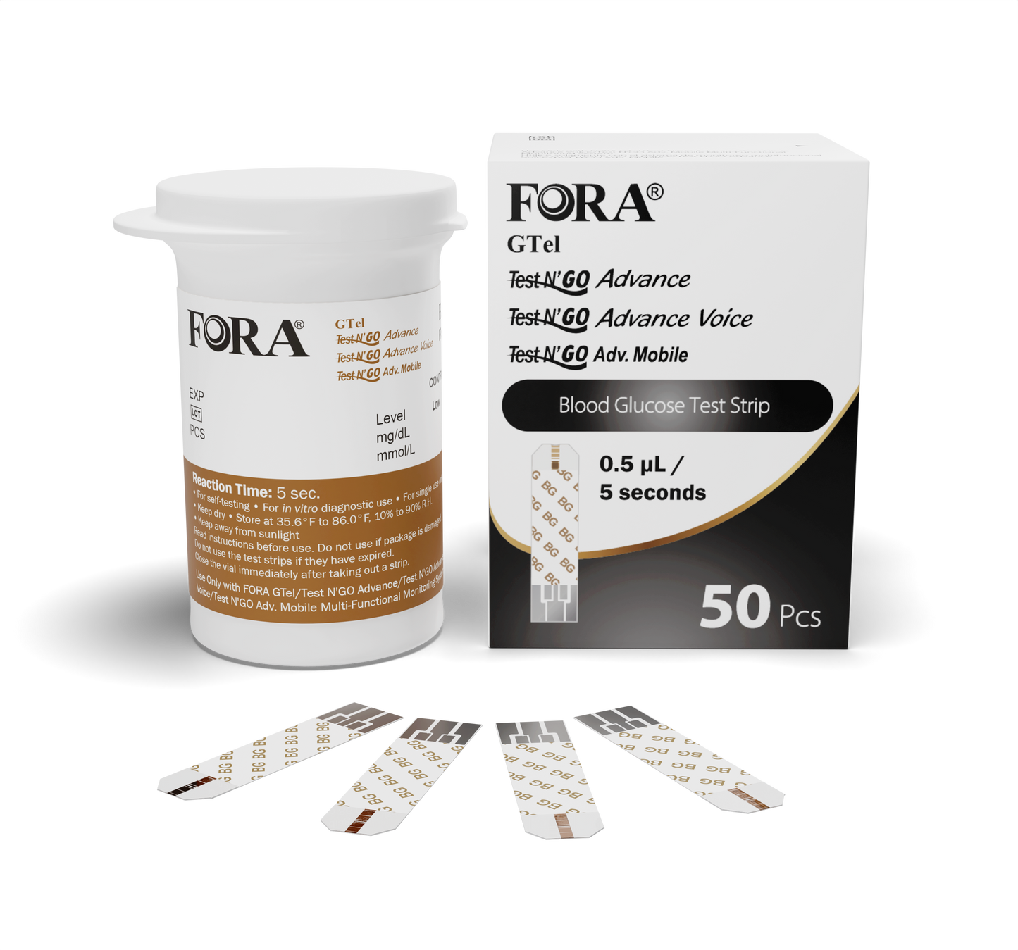 Retail box and vial of FORA GTel Test N'GO Advance and Advance Voice blood glucose test strips, 0.5µL sample size, 5-second test time, 50 strips