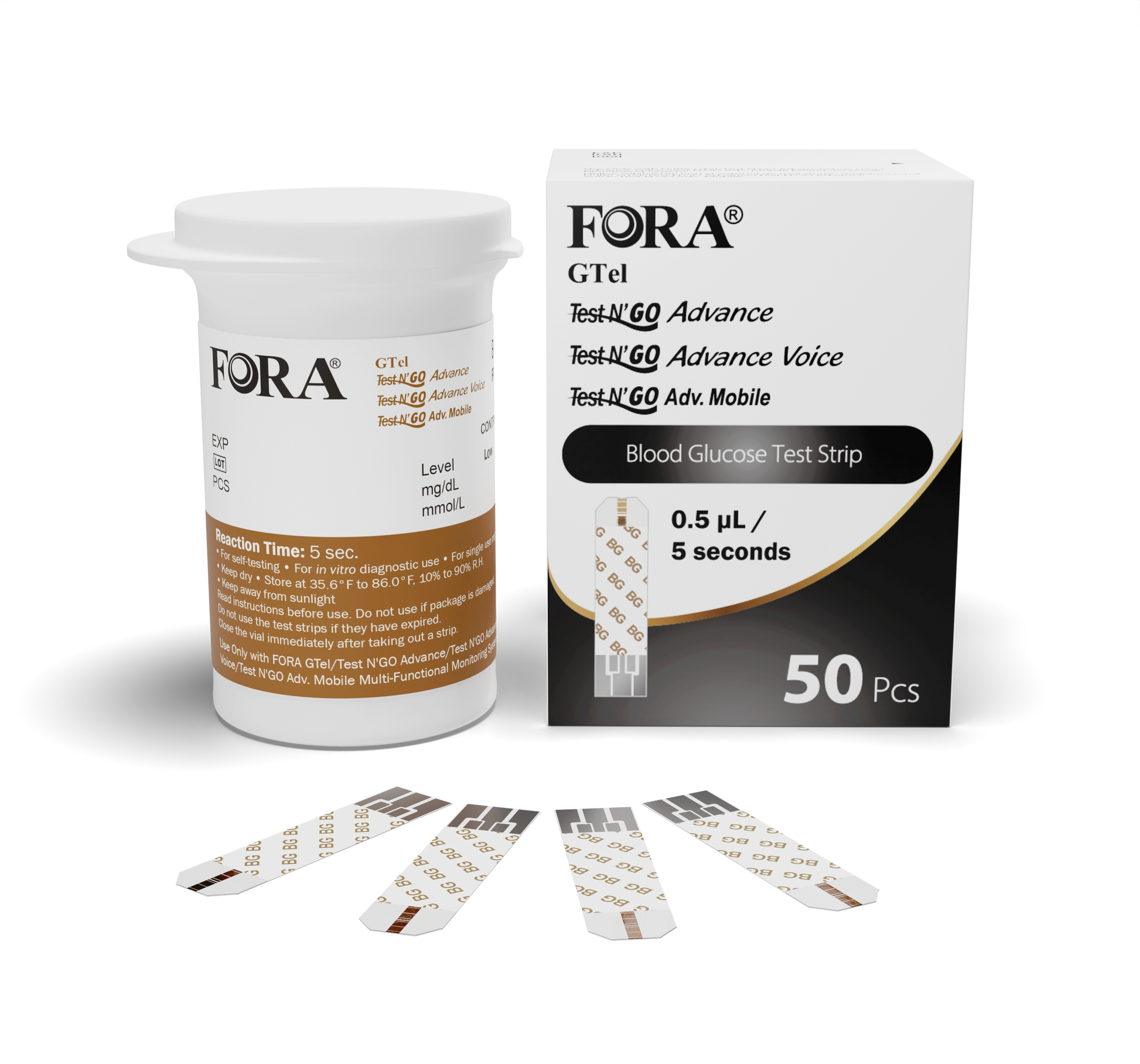 Retail box and vial of FORA GTel Test N'GO Advance and Advance Voice blood glucose test strips, 0.5µL sample size, 5-second test time, 50 strips
