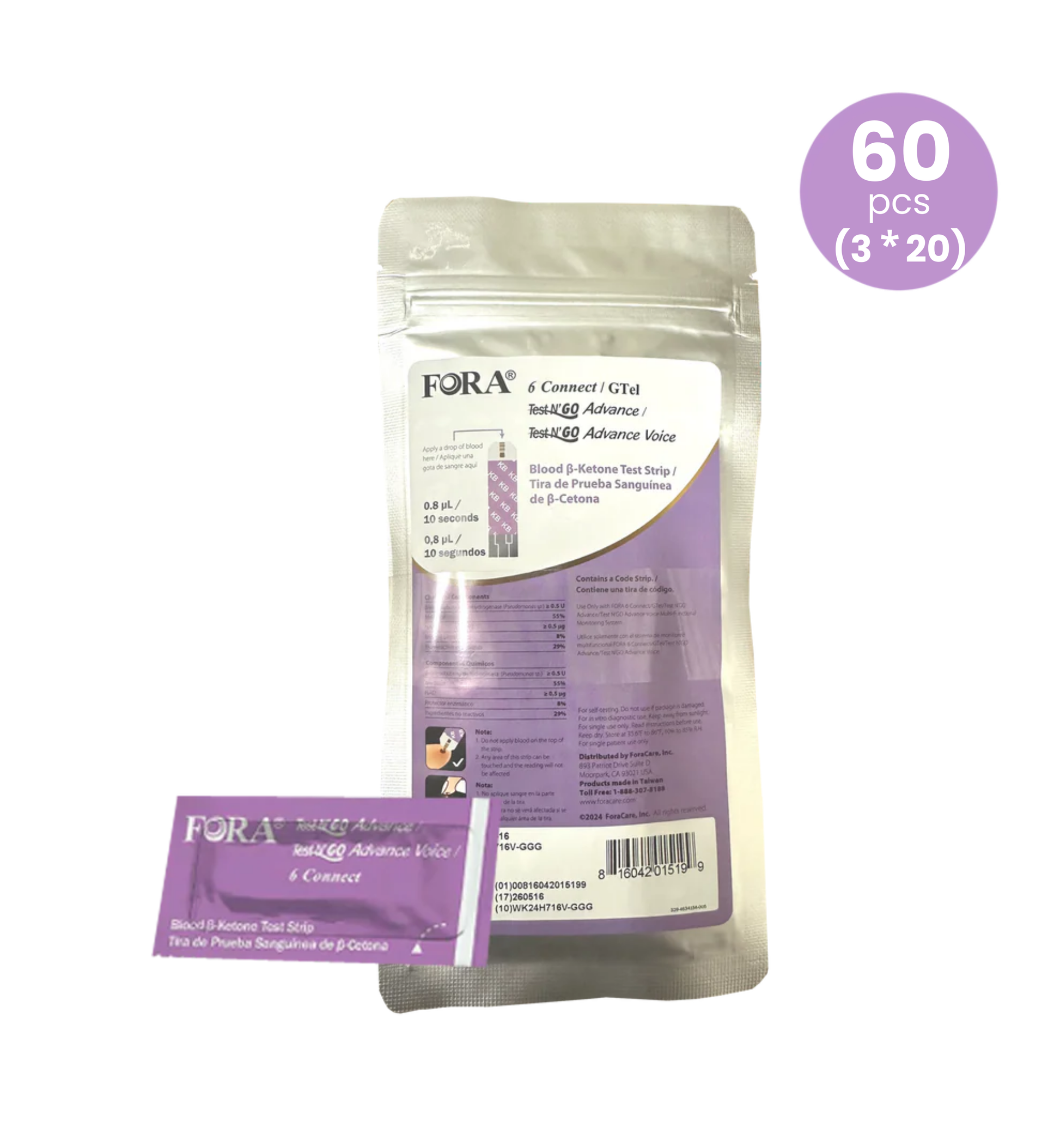 FORA Blood β-Ketone Test Strips (60 pcs, 20x3), compatible with Test N’GO Advance, and Test N’GO Advance Voice. Purple and silver packaging for fast 10-second self-testing.