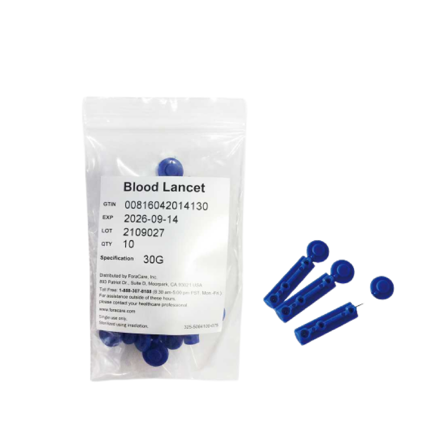 FORA 30G blood lancets, blue, single-use sterile design, sample pack of 10 — image for illustrative purposes only, actual expiration date may vary.