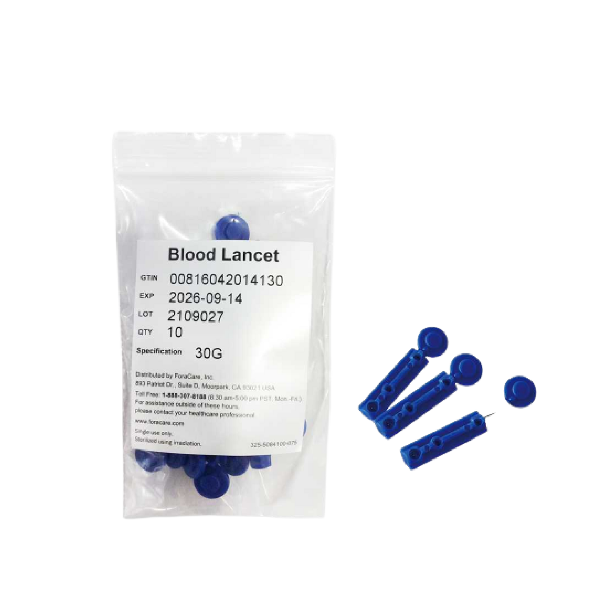 FORA 30G blood lancets, blue, single-use sterile design, sample pack of 10 — image for illustrative purposes only, actual expiration date may vary.