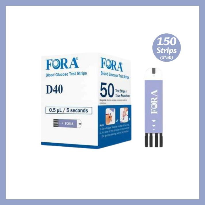 FORA D40 blood glucose test strips, 150 pcs pack (3 boxes × 50 strips), 0.5 µL blood sample, 5 seconds result