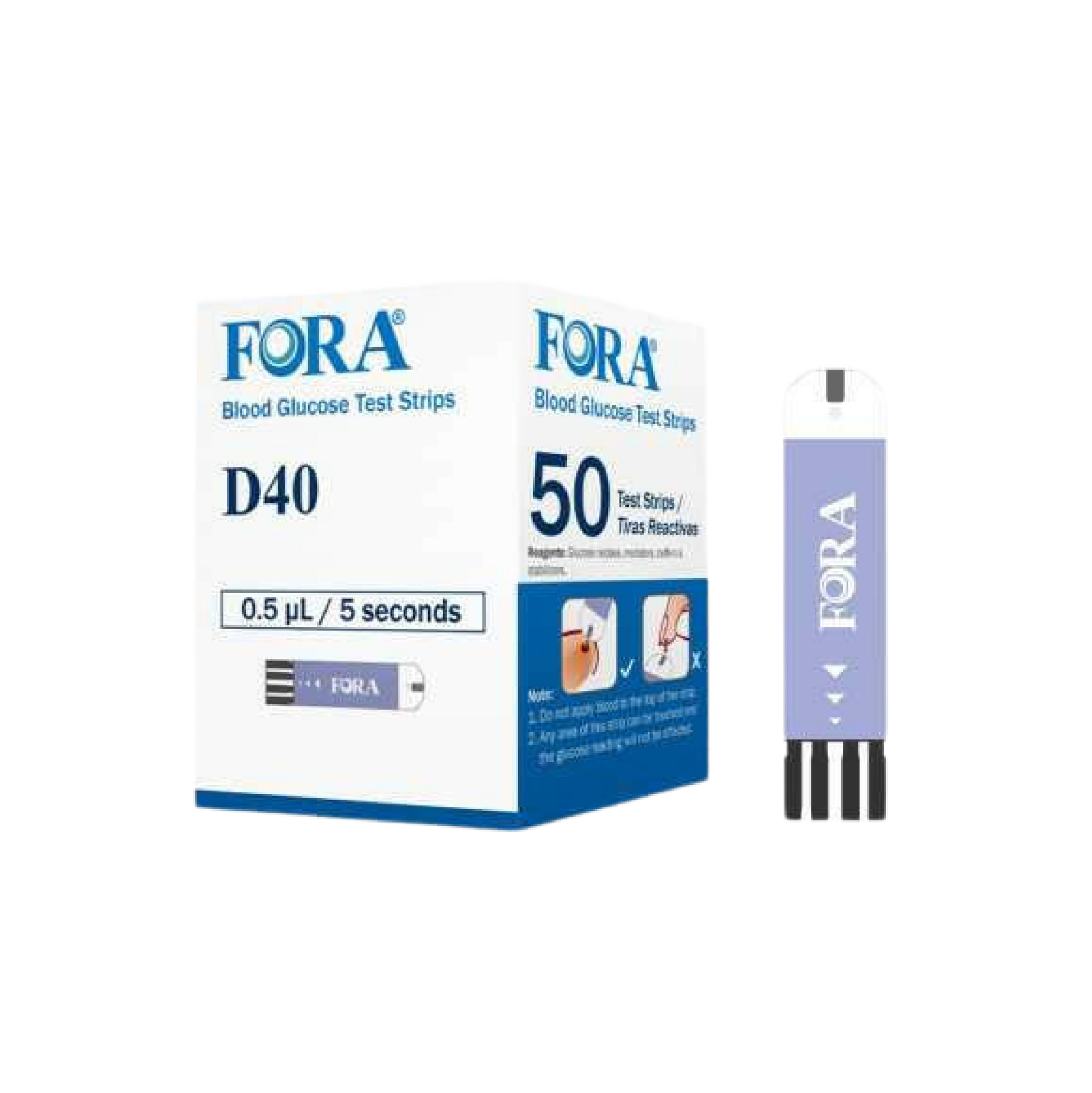 FORA D40 blood glucose test strips 50 pcs single box with one strip shown, requires 0.5 µL blood sample and provides result in 5 seconds