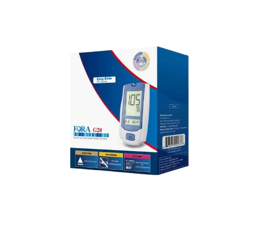 FORA G20 blood glucose monitoring system retail box with meter displaying 105 mg/dL