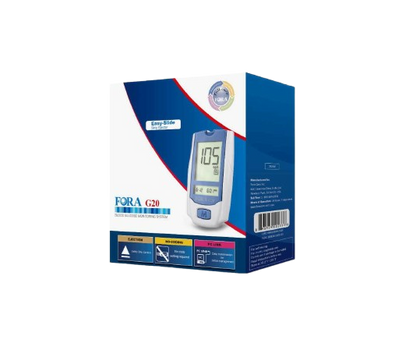 FORA G20 blood glucose monitoring system retail box with meter displaying 105 mg/dL