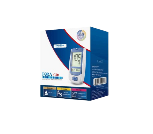 FORA G20 blood glucose monitoring system retail box with meter displaying 105 mg/dL