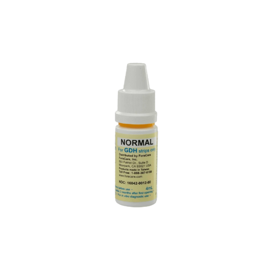 FORA GDH Enzyme Glucose Control Solution, Normal range, 4 mL bottle with white cap, for use with compatible FORA glucose meters and GDH test strips.