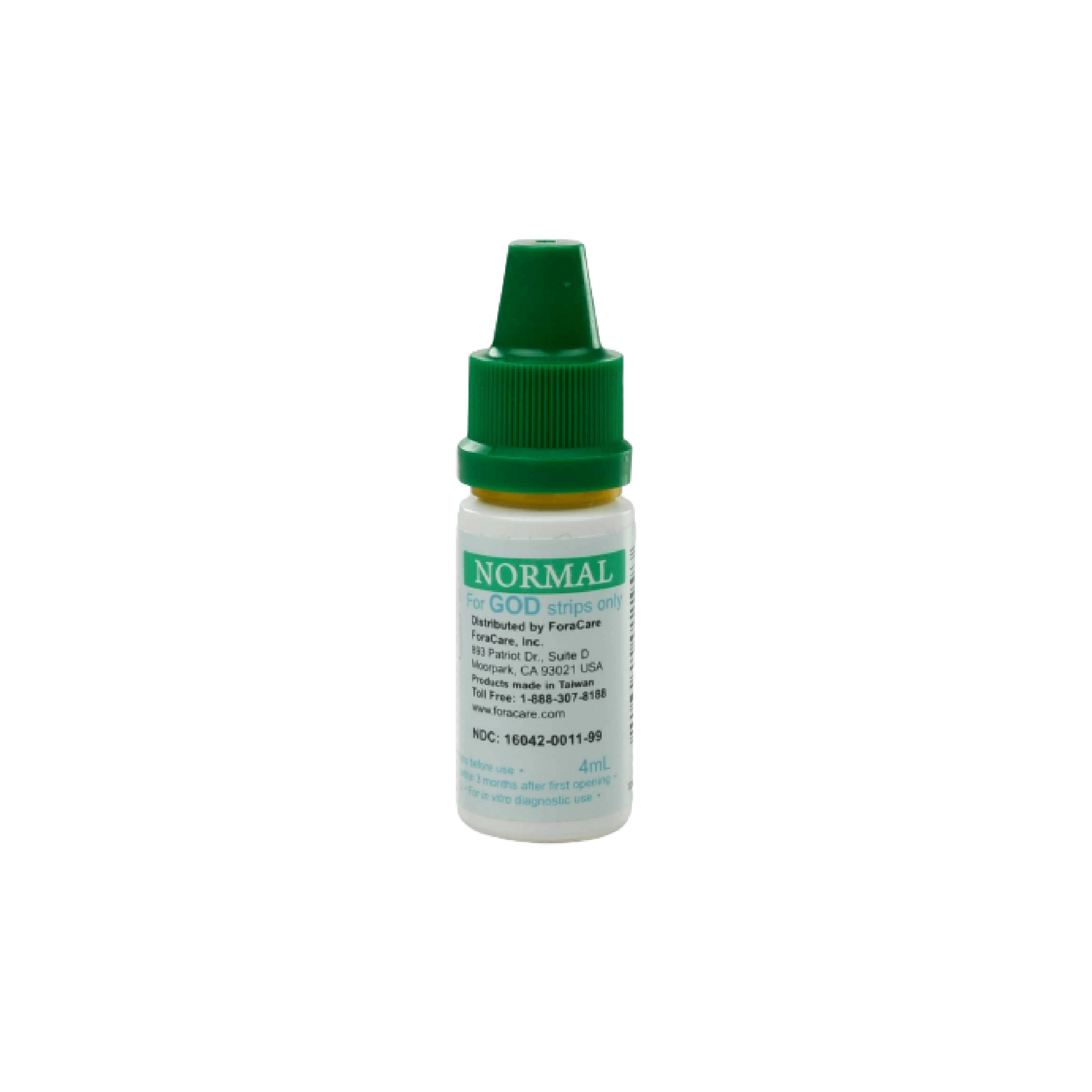 FORA GOD Enzyme Glucose Control Solution, Normal range, 4 mL bottle with green cap and white label, for use with compatible FORA glucose meters and GOD test strips.