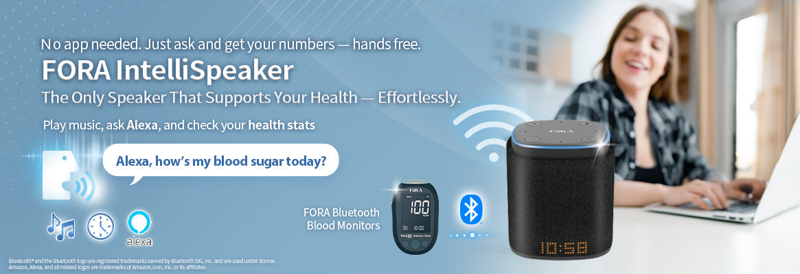 FORA IntelliSpeaker smart speaker with Alexa integration, displaying blood sugar data and playing music, on a blue background