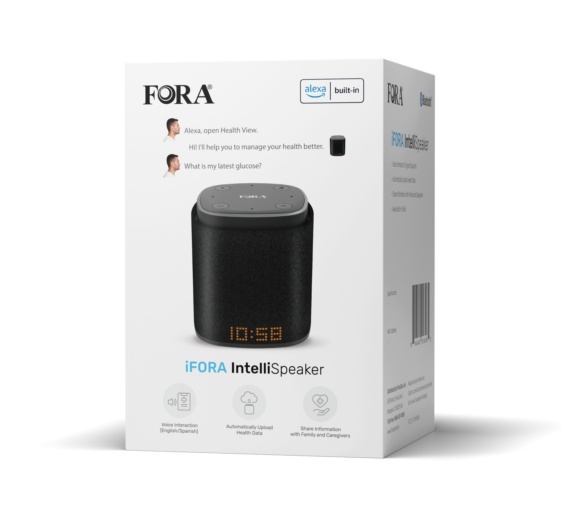 FORA IntelliSpeaker retail box showing Alexa built-in, voice interaction, health data upload, and family sharing features